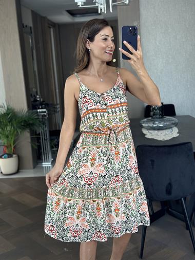 Turuncu Sulu Desen İp Askılı Önü Düğmeli Viskon Kadın Elbise