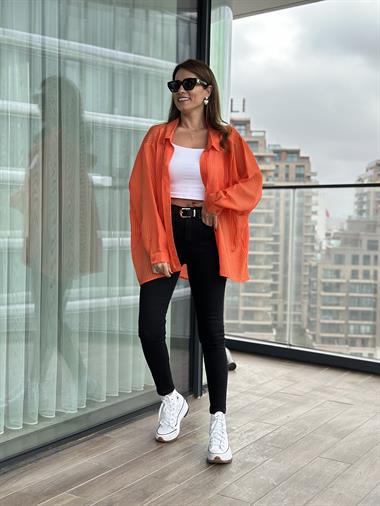 Turuncu Tek Cepli Oversize Kadın Gömlek