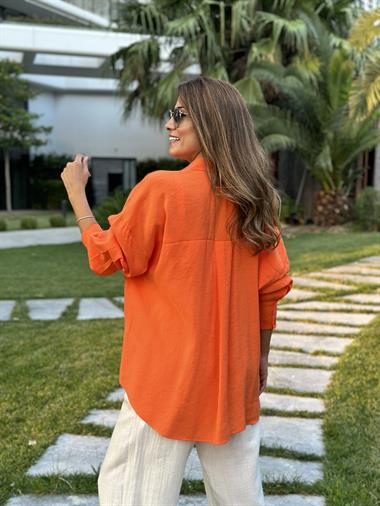 Turuncu Tensel  Oversize Kadın Gömlek