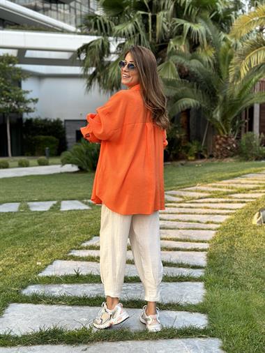 Turuncu Tensel  Oversize Kadın Gömlek