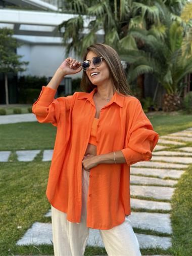 Turuncu Tensel  Oversize Kadın Gömlek