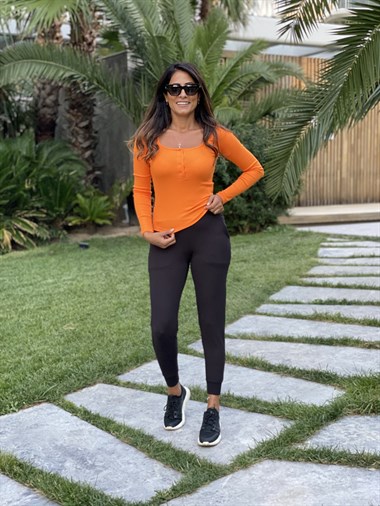 Turuncu Uzun Kol Patlı U Yaka Kadın Body