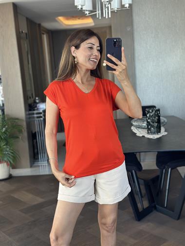 Turuncu V Yaka Kısa Yarasa Kol Basic Kadın T-Shirt