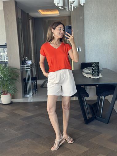 Turuncu V Yaka Kısa Yarasa Kol Basic Kadın T-Shirt