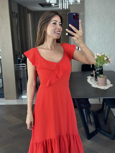 Turuncu Yaka Volanlı Aerobin Kadın Elbise