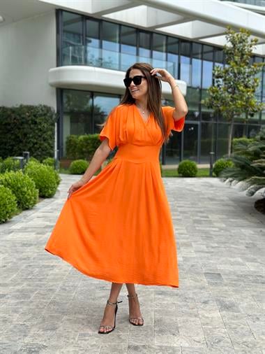 Turuncu Yarasa Kol Kruvaze Yaka  Aerobin Kadın Elbise 