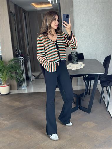 Turuncu Yeşil Çizgili Simli Ajurlu Kadın Hırka