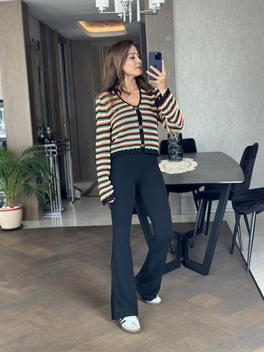 Turuncu Yeşil Çizgili Simli Ajurlu Kadın Hırka