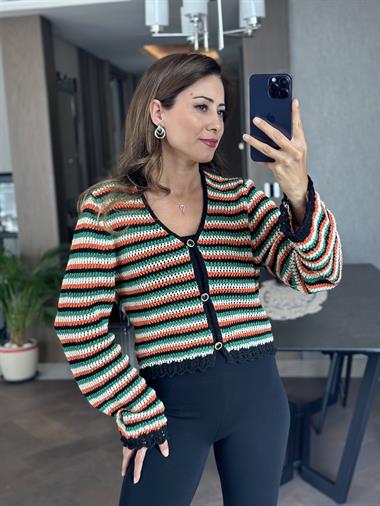 Turuncu Yeşil Çizgili Simli Ajurlu Kadın Hırka