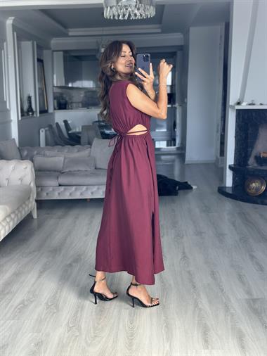 Vişne Beli Lastikli Bağcıklı Dekolteli Midi Boy Kadın Elbise