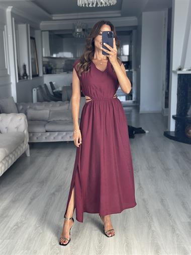 Vişne Beli Lastikli Bağcıklı Dekolteli Midi Boy Kadın Elbise