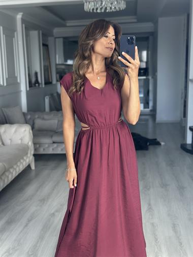 Vişne Beli Lastikli Bağcıklı Dekolteli Midi Boy Kadın Elbise