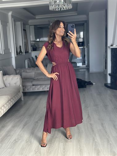 Vişne Beli Lastikli Bağcıklı Dekolteli Midi Boy Kadın Elbise