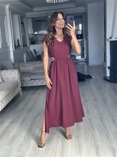 Vişne Beli Lastikli Bağcıklı Dekolteli Midi Boy Kadın Elbise