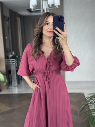 Vişne Fakir Kol Beli Lastikli  Kadın Maksi Boy Elbise