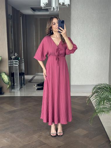 Vişne Fakir Kol Beli Lastikli  Kadın Maksi Boy Elbise