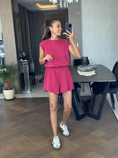 Vişne Sırt Dekolteli Beli Lastikli Modal Kadın Şort Tulum