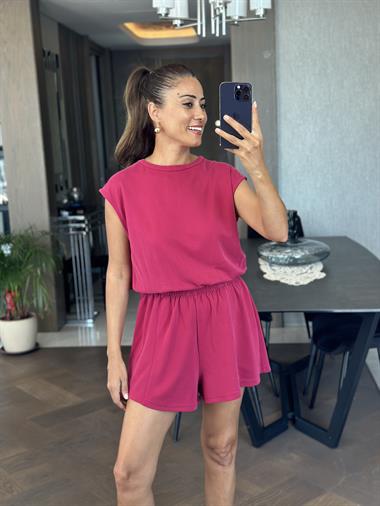 Vişne Sırt Dekolteli Beli Lastikli Modal Kadın Şort Tulum