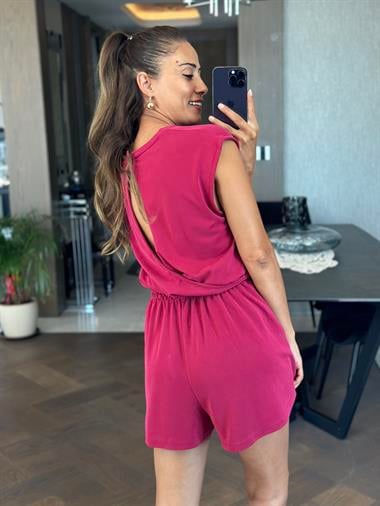 Vişne Sırt Dekolteli Beli Lastikli Modal Kadın Şort Tulum