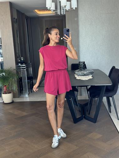 Vişne Sırt Dekolteli Beli Lastikli Modal Kadın Şort Tulum