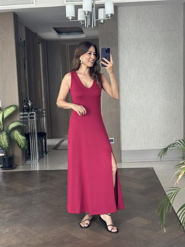 Vişne Sıfır Kol V Yaka Tek Yırtmaçlı Modal Kumaş Kadın Maksi Boy Elbise