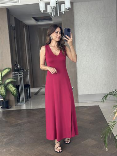 Vişne Sıfır Kol V Yaka Tek Yırtmaçlı Modal Kumaş Kadın Maksi Boy Elbise
