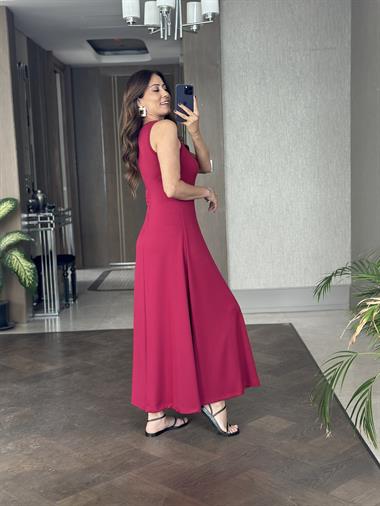 Vişne Sıfır Kol V Yaka Tek Yırtmaçlı Modal Kumaş Kadın Maksi Boy Elbise