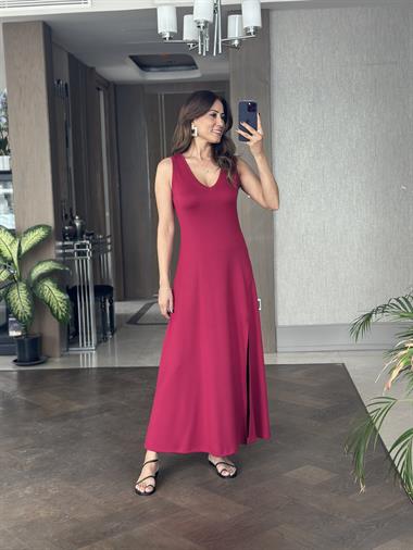 Vişne Sıfır Kol V Yaka Tek Yırtmaçlı Modal Kumaş Kadın Maksi Boy Elbise
