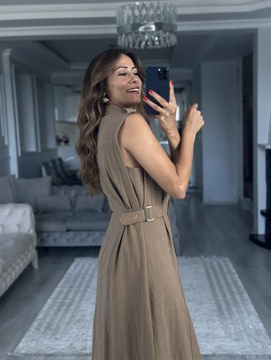 Vizon Apoletli Sıfır Kol Midi Boy Kadın Gömlek Elbise