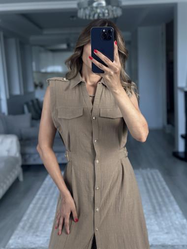 Vizon Apoletli Sıfır Kol Midi Boy Kadın Gömlek Elbise