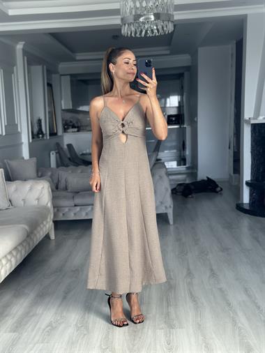 Vizon Ayarlanabilir İp Askılı Dekolteli Parçalı Midi Boy Kadın Elbise