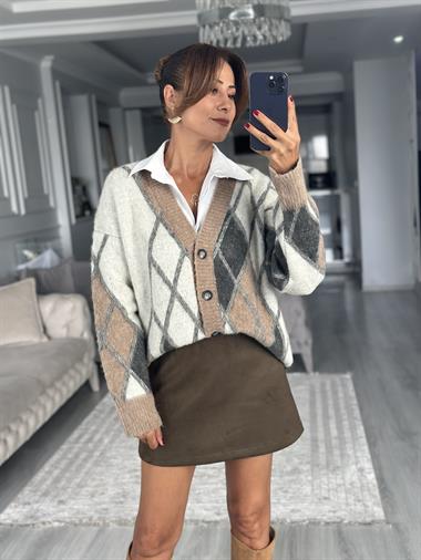 Vizon Baklava Desen V Yaka Şardonlu Kadın Triko Hırka 