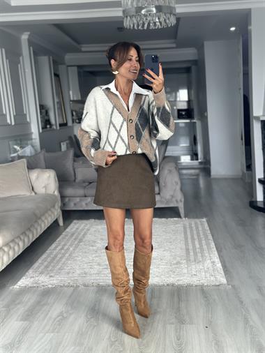 Vizon Baklava Desen V Yaka Şardonlu Kadın Triko Hırka 