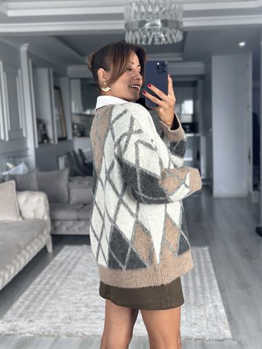 Vizon Baklava Desen V Yaka Şardonlu Kadın Triko Hırka 