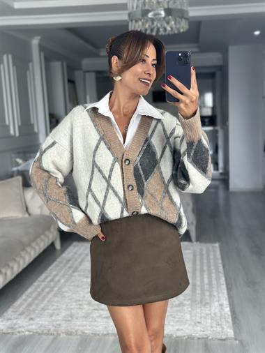 Vizon Baklava Desen V Yaka Şardonlu Kadın Triko Hırka 