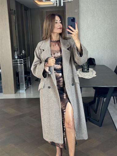 Vizon Balıksırtı Oversize İki Cepli Kadın Kaban