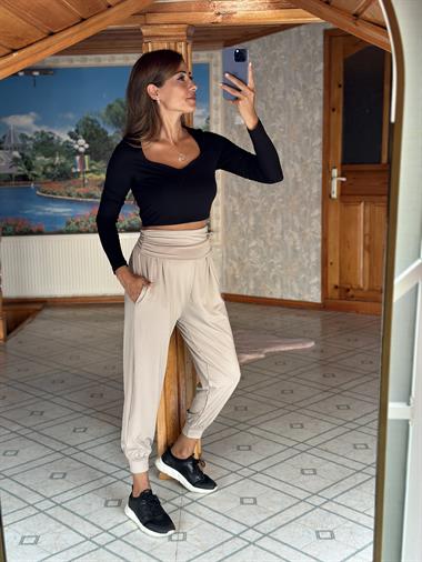 Vizon Bel Büzgülü Paçası Manşetli Sandy Cepli Kadın Şalvar Pantolon