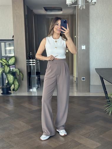 Vizon Beli Cırtlı Likralı Krep Palazzo Kadın Pantolon