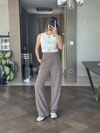 Vizon Beli Cırtlı Likralı Krep Palazzo Kadın Pantolon