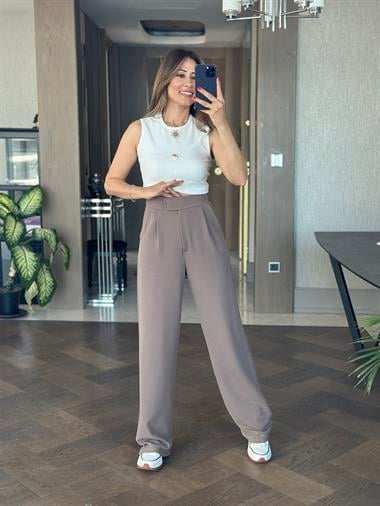 Vizon Beli Cırtlı Likralı Krep Palazzo Kadın Pantolon