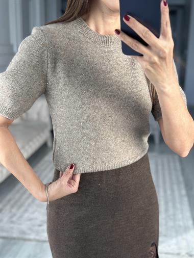 Vizon Bisiklet Yaka Kısa Kol Pullu Simli Kadın Kazak