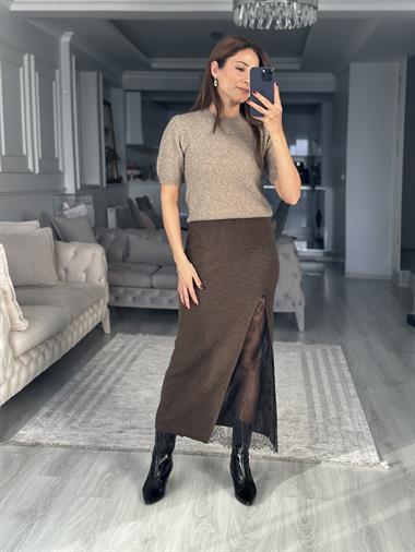 Vizon Bisiklet Yaka Kısa Kol Pullu Simli Kadın Kazak