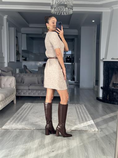 Vizon Bisiklet Yaka Kısa Kol Yumuşak Dokulu Kadın Triko Elbise