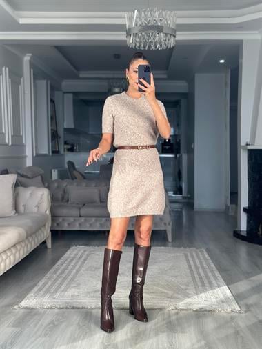 Vizon Bisiklet Yaka Kısa Kol Yumuşak Dokulu Kadın Triko Elbise