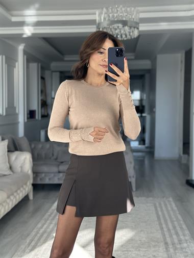 Vizon Bisiklet Yaka Kol Ucu Düğme Detay Kadın Triko Kazak