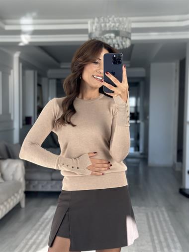 Vizon Bisiklet Yaka Kol Ucu Düğme Detay Kadın Triko Kazak