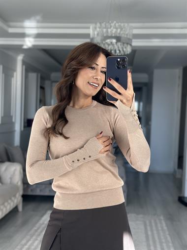 Vizon Bisiklet Yaka Kol Ucu Düğme Detay Kadın Triko Kazak