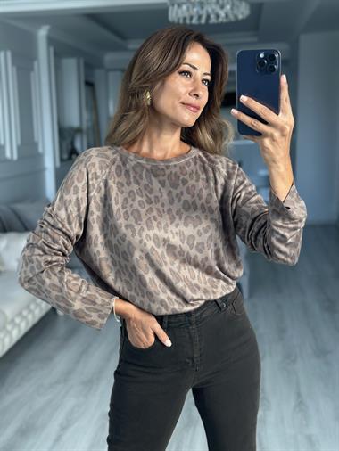 Vizon Bisiklet Yaka Leopar Desenli Merserize Kadın Kazak