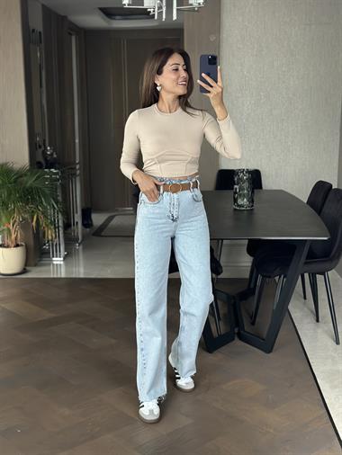 Vizon Bisiklet Yaka Uzun Kol Eteği Parçalı Kadın Crop Body