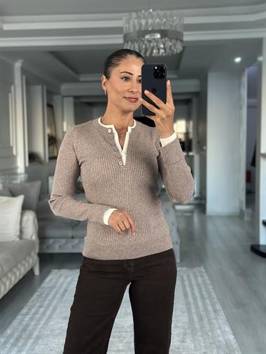Vizon Çift Renk Ribanalı Fitilli Triko Kadın Bluz